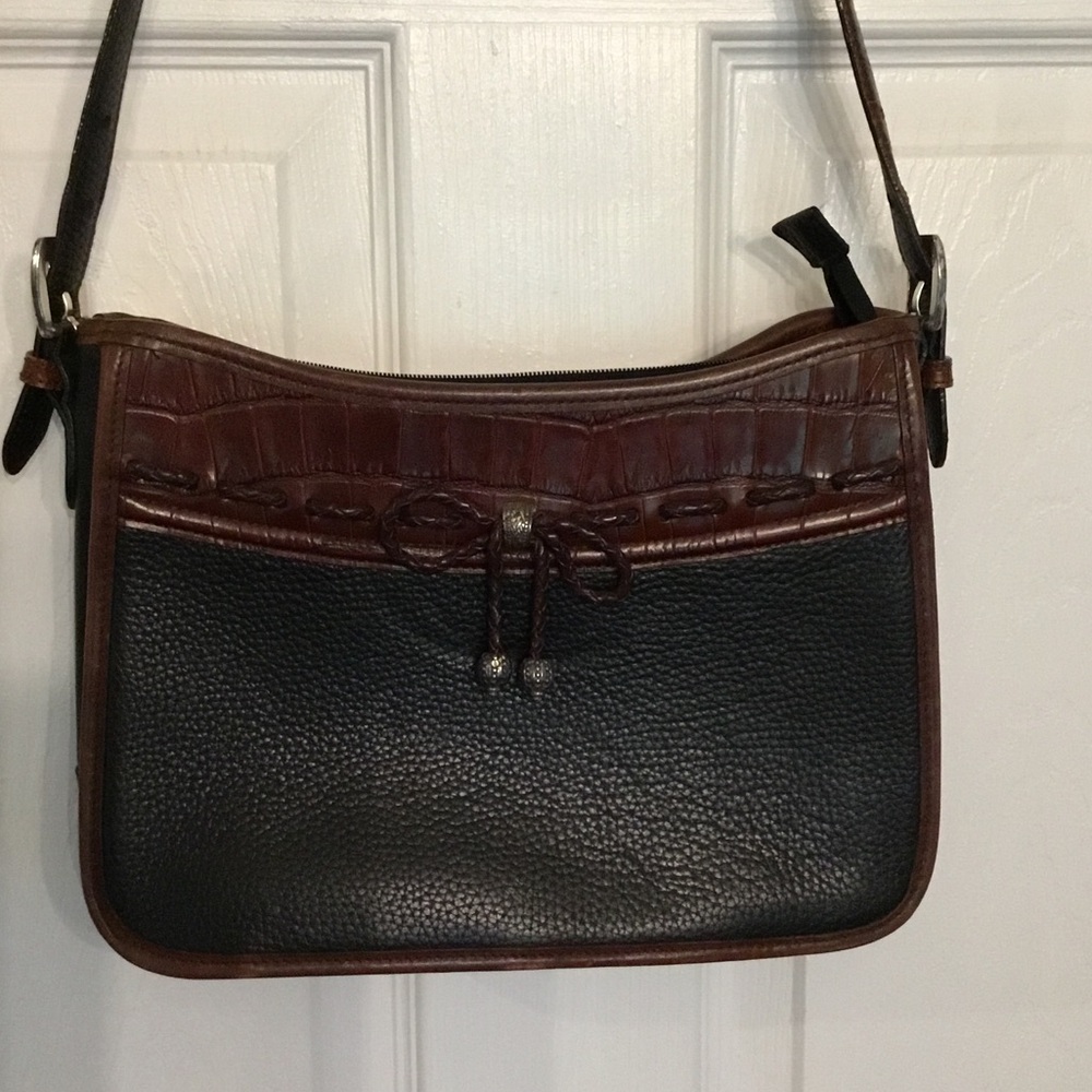 Vtg Brighton Black Pebble Leather Brown Croc Bow Silver‎ Accents Shoulder Bag